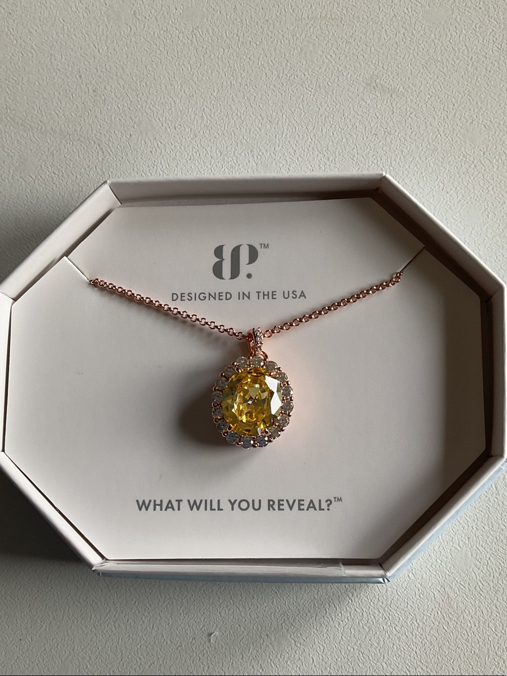 Bp Rose Gold Necklace with Yellow Crystal Halo Pendant
